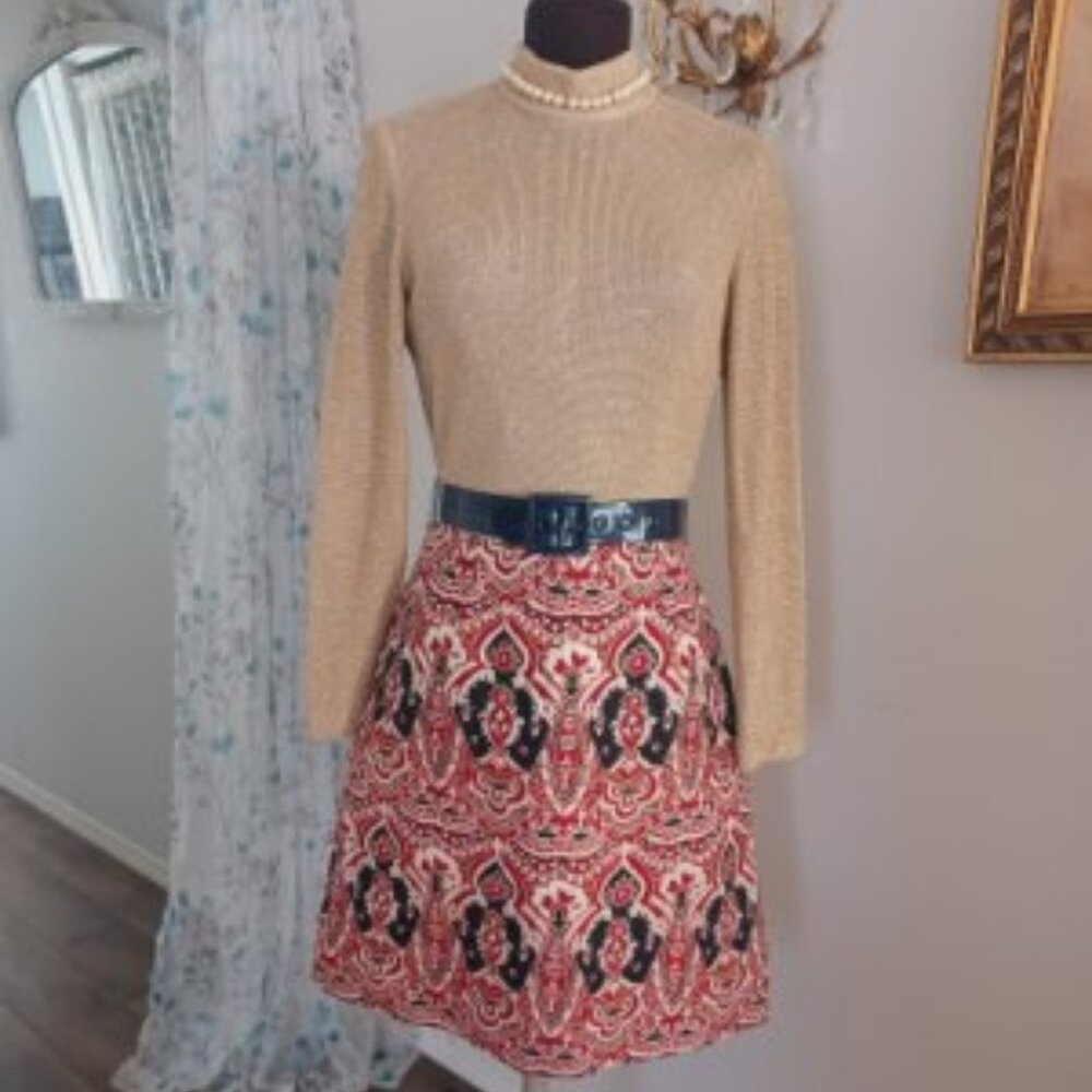 Vintage 60s 70s Tapestry Dress Gold Metallic Top Party Sz